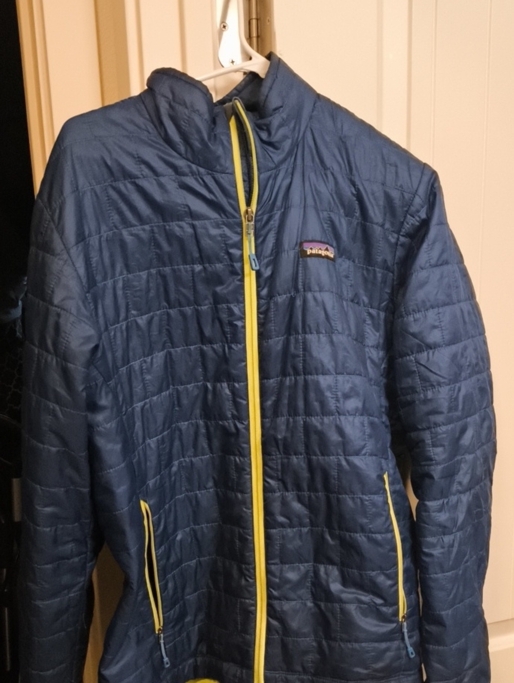 Patagonia Men's Navy Quilted Puffer Jacket with Yellow Trim